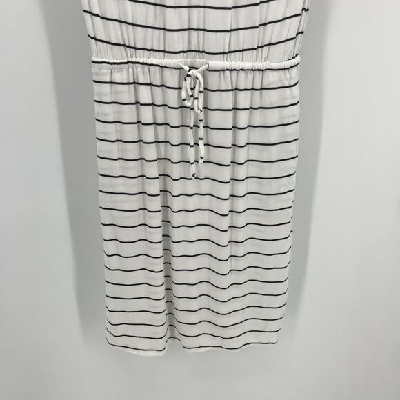 Banana Republic Dress Small White Black Stripe Blouson Keyhole Neck Pockets - Picture 4 of 7